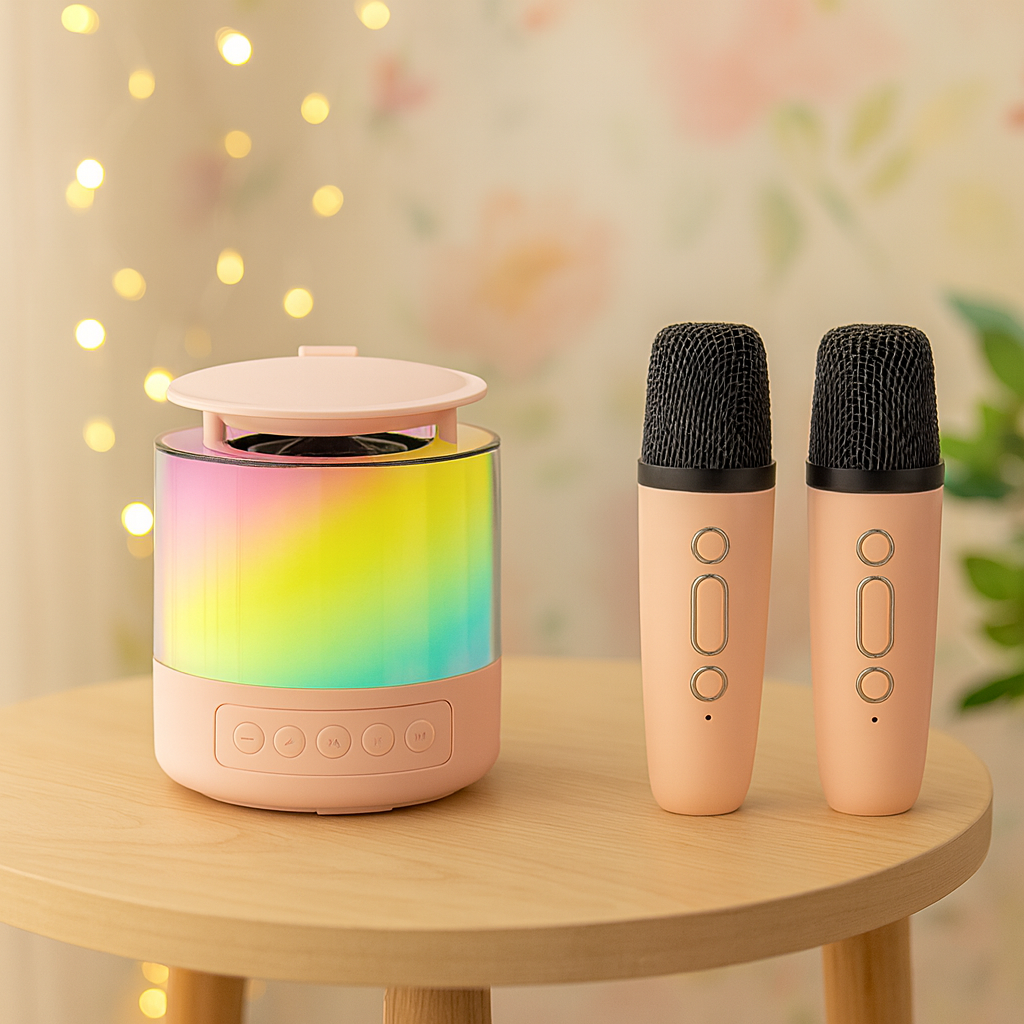 Boxa cu 2 Microfoane, Portabila, cu jocuri de lumini,RGB, rotunda, karaoke Smart copii, difuzor Wireless,
