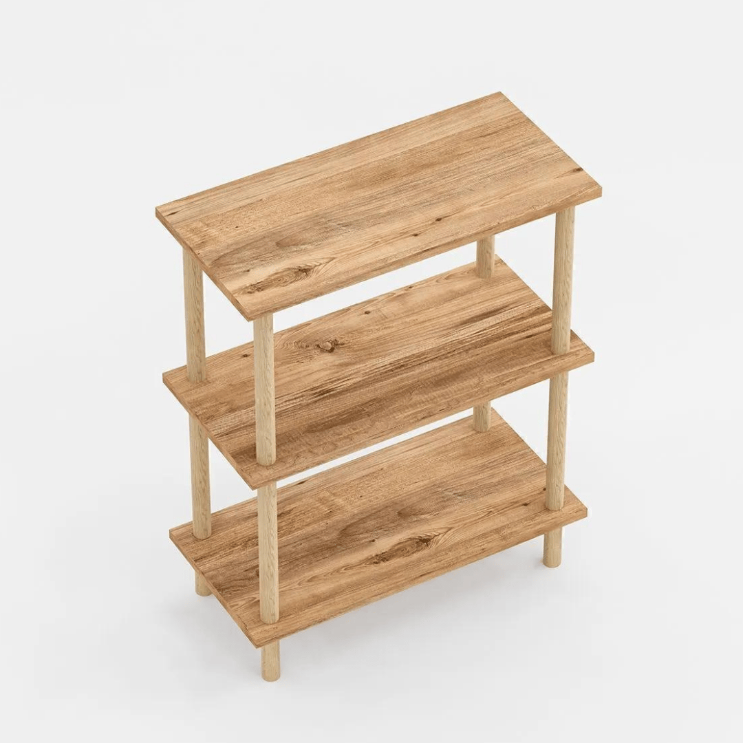 Etajera decorativa cu 3 rafturi si picioare din lemn – ideala ca biblioteca sau masuta laterala