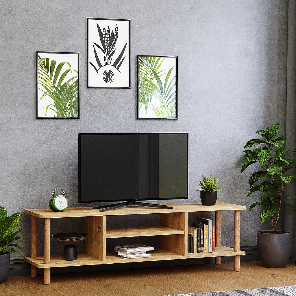 Comoda TV cu rafturi, 120 cm, model cu picioare din lemn