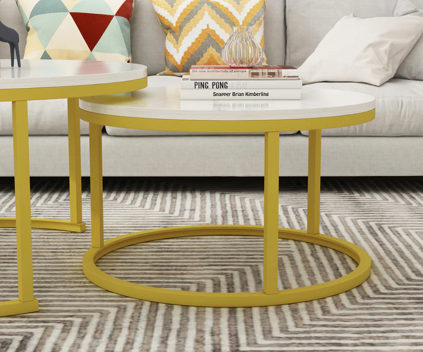 Set 2 masute rotunde de cafea cu efect de marmura, blat MDF, cadru metalic auriu, 70x45 cm si 50x38 cm