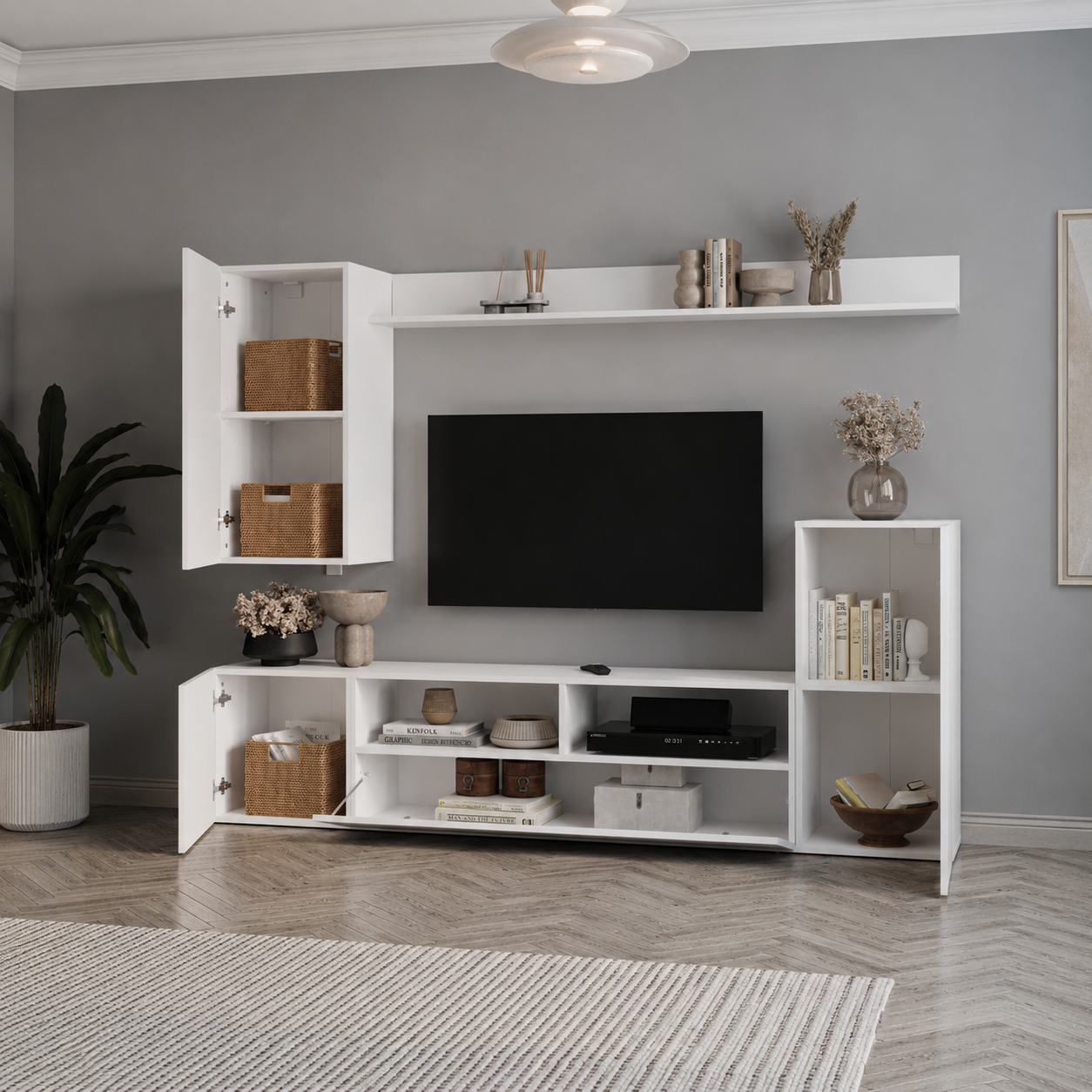 Comoda TV 210x38x90,4 cm, cu dulap suspendat, pentru living
