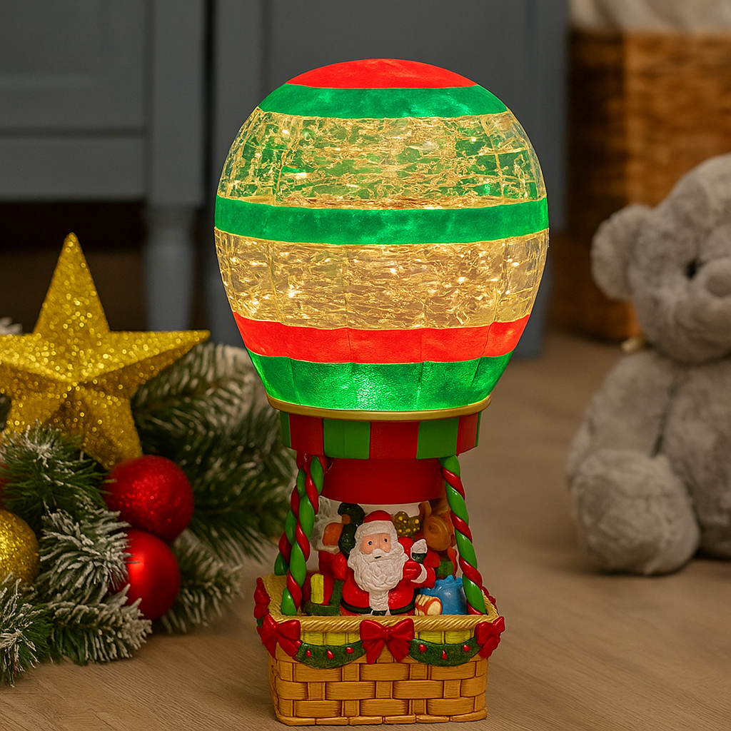 Decoratiune Craciun luminoasa cu balon cu aer cald si Mos Craciun 13 x 13 x 25.5 cm