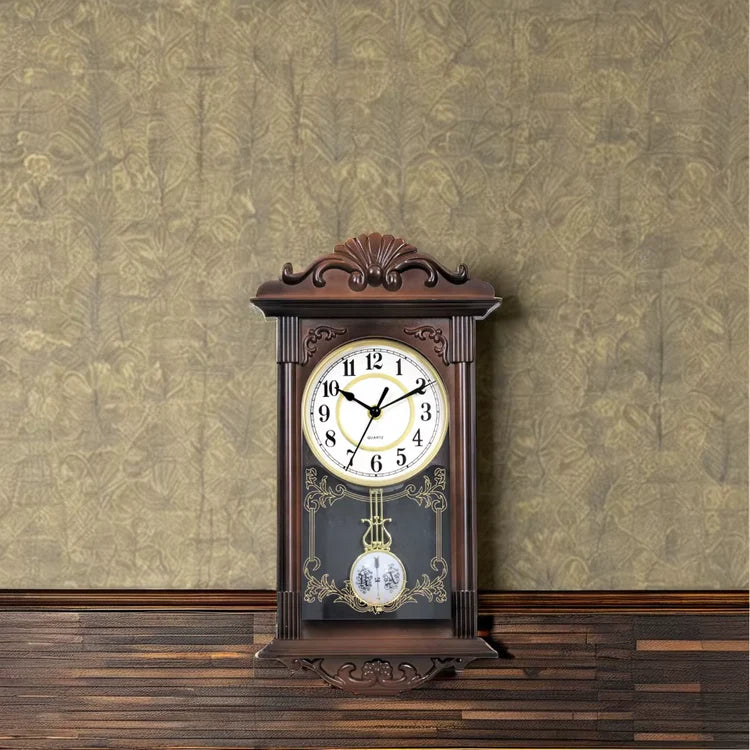 RESIGILAT - Ceas de perete vintage cu pendul, aspect lemn, 41 cm x 22 cm x 7 cm