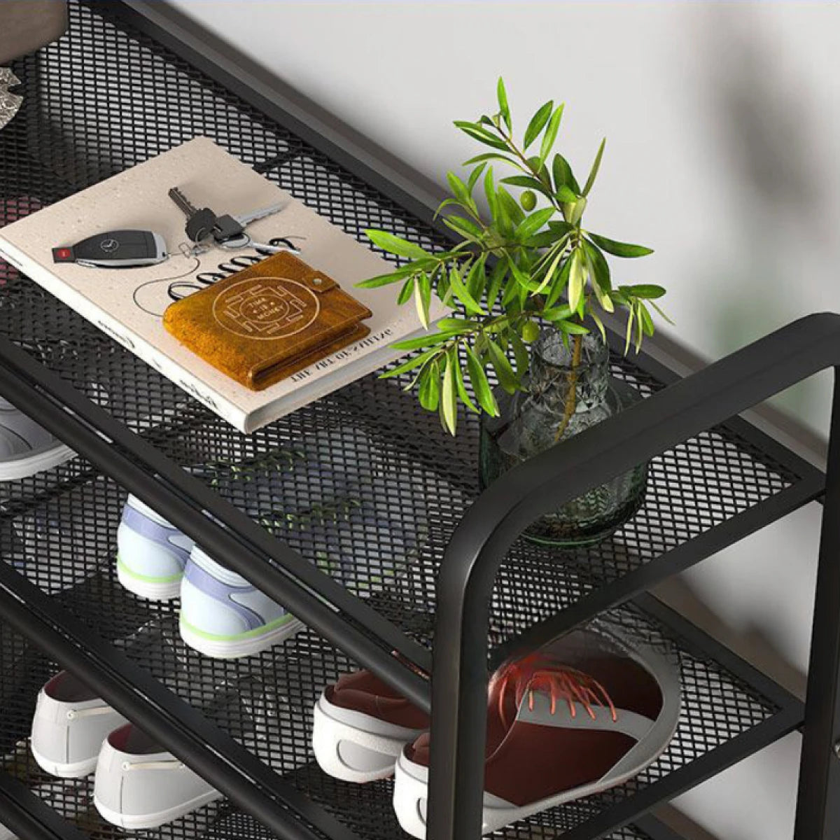 Suport metalic pentru incaltaminte, 4 polite, 60 x 28 x 75 cm, negru