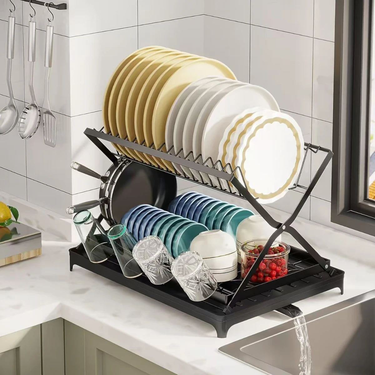 Scurgator vase cu 2 nivele, pliabil, sistem de scurgere, 42 (L) cm x 30 (l) cm x 29.5 (H) cm, negru