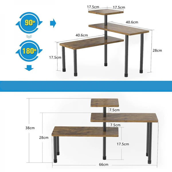 Etajera cu 3 polite din MDF, 5 picioare din metal, rotativ 180°, 66 x 17.5 x 38 cm