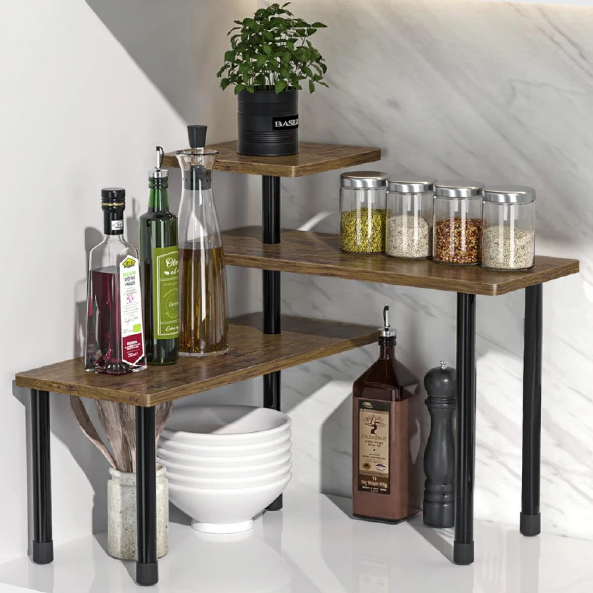 Etajera cu 3 polite din MDF, 5 picioare din metal, rotativ 180°, 66 x 17.5 x 38 cm