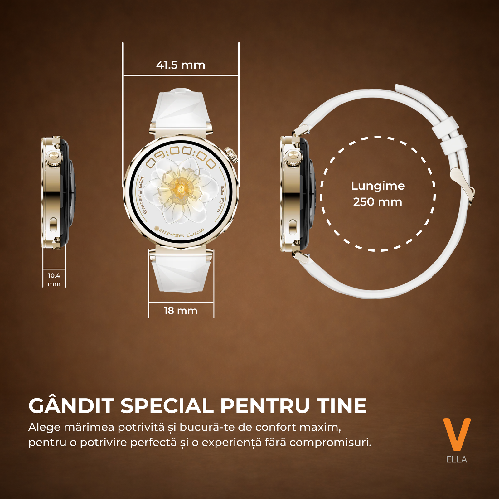 Ceas Smartwatch Dama ELLA Vivendo®, Ecran AMOLED 1.32", Fitness, Apel Bluetooth, Notificari Limba Romana, Asistent Vocal & ChatGPT AI, Incarcare Wireless, Rezistent Apa IP68, 2 Curele Incluse