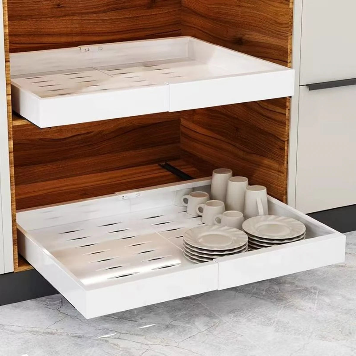 Sertar extensibil din metal cu 2 glisiere autoadezive soft-close, extragere totala, 32-50 cm x 42 cm, alb