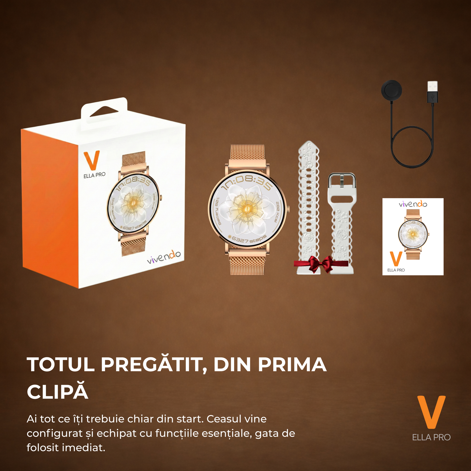 Ceas Smartwatch Dama ELLA PRO Vivendo®, Ecran AMOLED 1.32", Fitness, Apel Bluetooth, Notificari Limba Romana, ChatGPT AI, Incarcare Wireless, Rezistent Apa IP68, 2 Curele Incluse