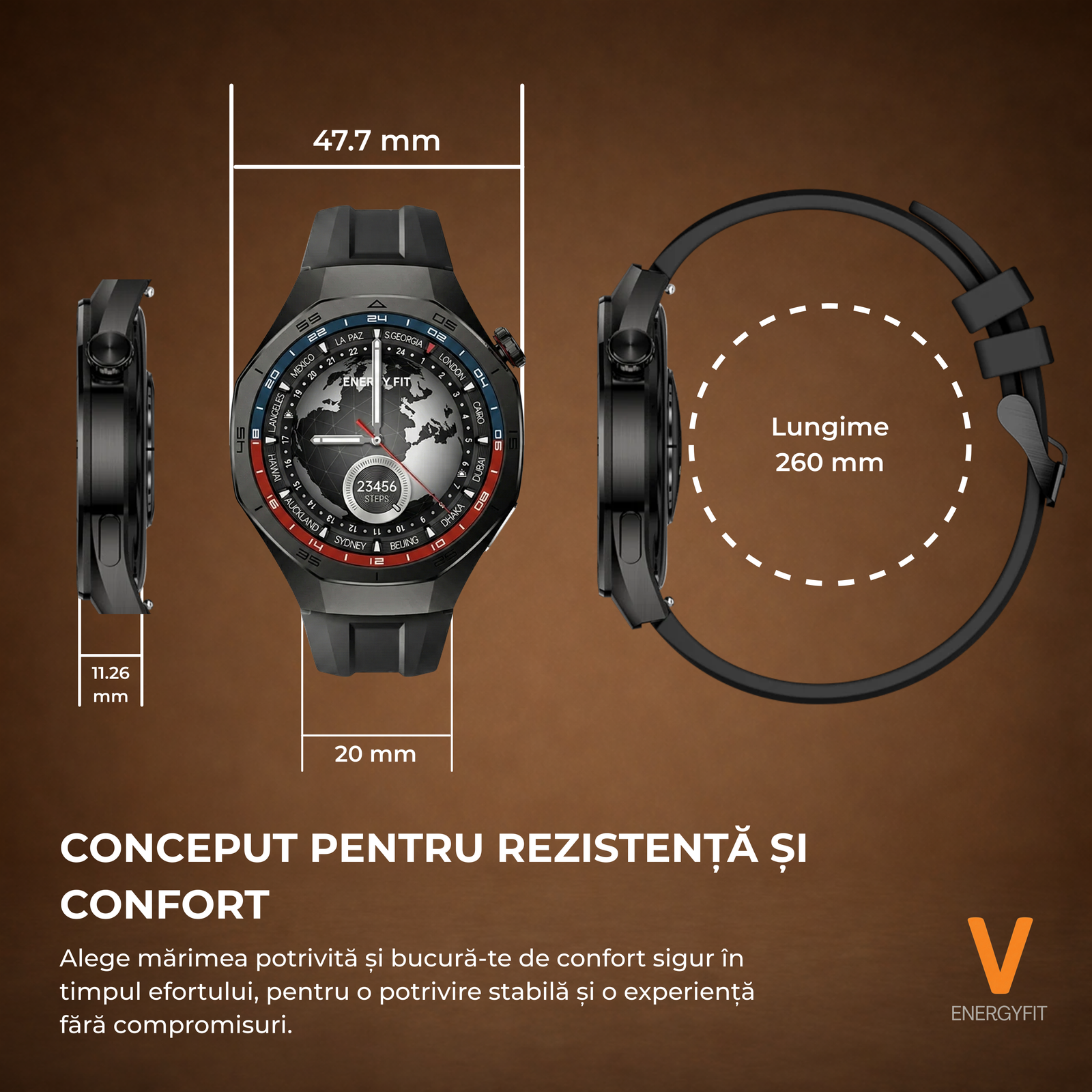 Ceas Smartwatch ENERGYFIT, Ecran AMOLED 1.43", Apel Bluetooth, ChatGPT AI, Notificari Romana, Fitness, Sport, Rezistent Apa 5ATM, Incarcare Wireless, 2 Curele, Negru