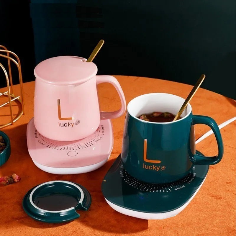 Set cadou Cana ceramica cu incalzitor, lingurita, temperatura constanta 55 grade, 220V, 400 ml