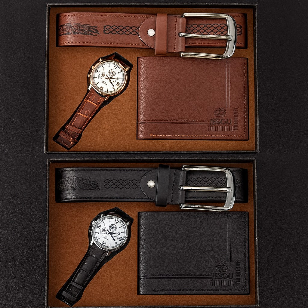 Set Cadou Barbati – Portofel, Curea si Ceas Casual din Imitatie Piele Premium