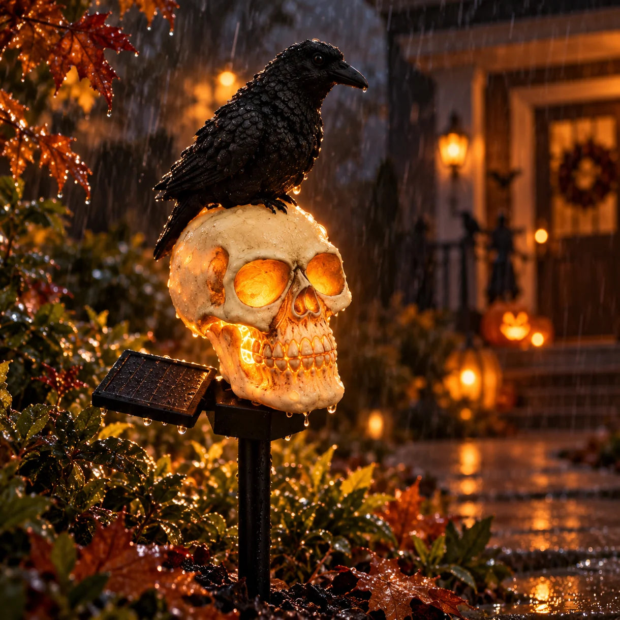 Set 2 Lampi Solare Halloween cu Craniu si Cioara Decoratiuni Gradina Curte - imagine principala
