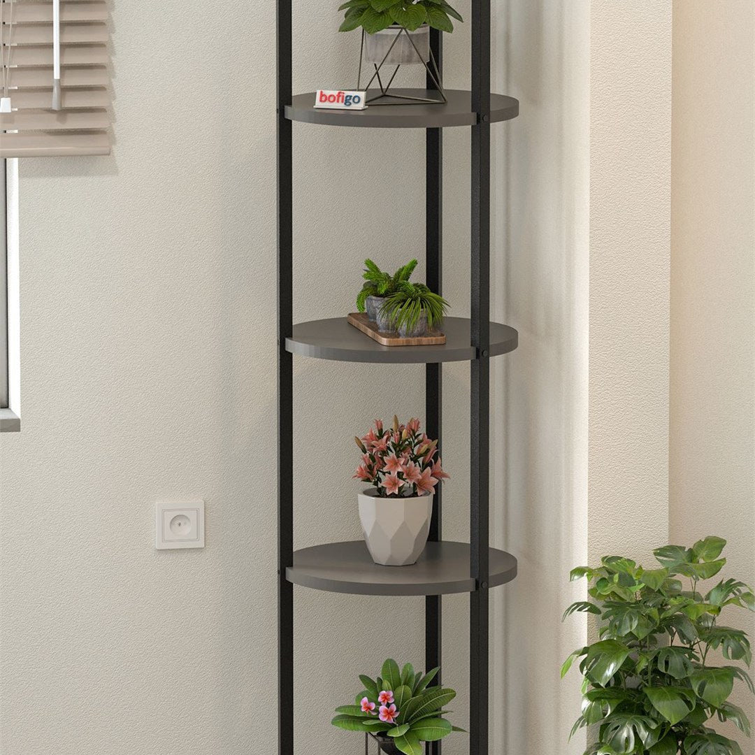 Suport flori si vase Lale cu 5 nivele, etajera decorativa pentru plante carti sau obiecte, cadru metalic + PAL melaminat 18 mm 40 x 160 cm, potrivita living balcon sau birou, stil modern scandinav Antracit - detaliu 2