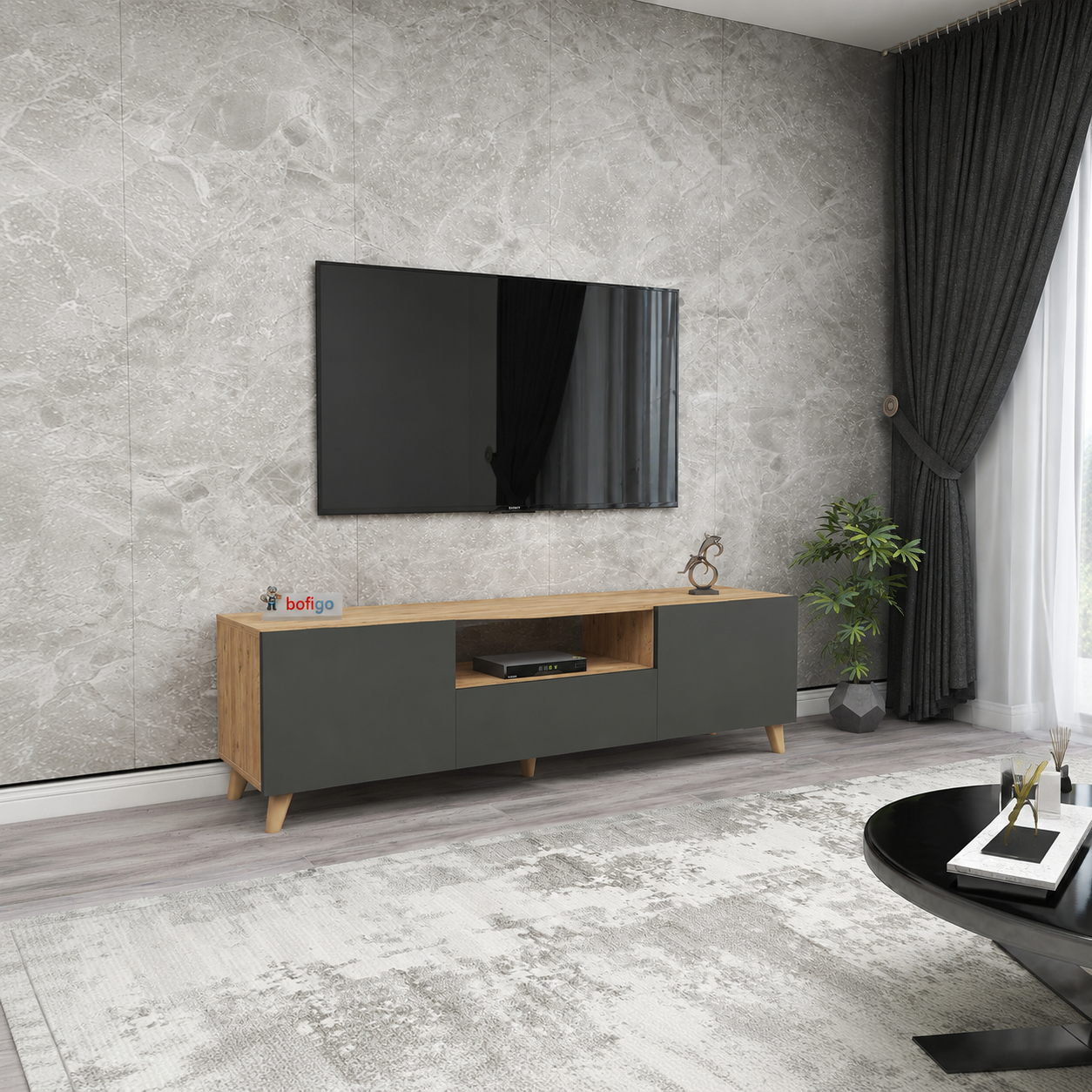 Comoda TV living 60 x 31,8 x 44,8 cm cm, 2 usi rabatabile soft-close, PAL melaminat 18 mm clasa E1, stil scandinav