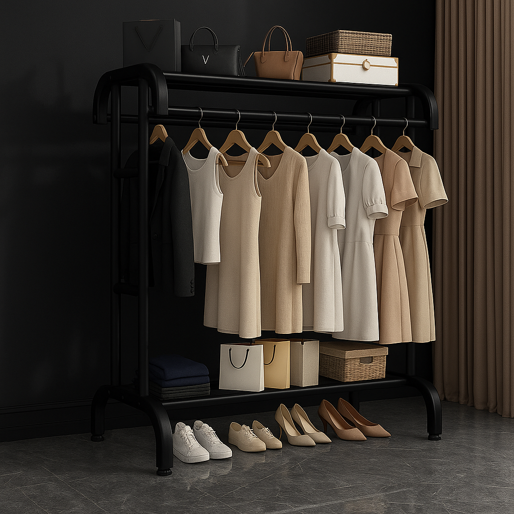 Suport dublu de umerase pentru haine, cu 1 suport de pantofi, din metal, cu raft depozitare deasupra – 50KG greutate maxima, 150x120x48cm