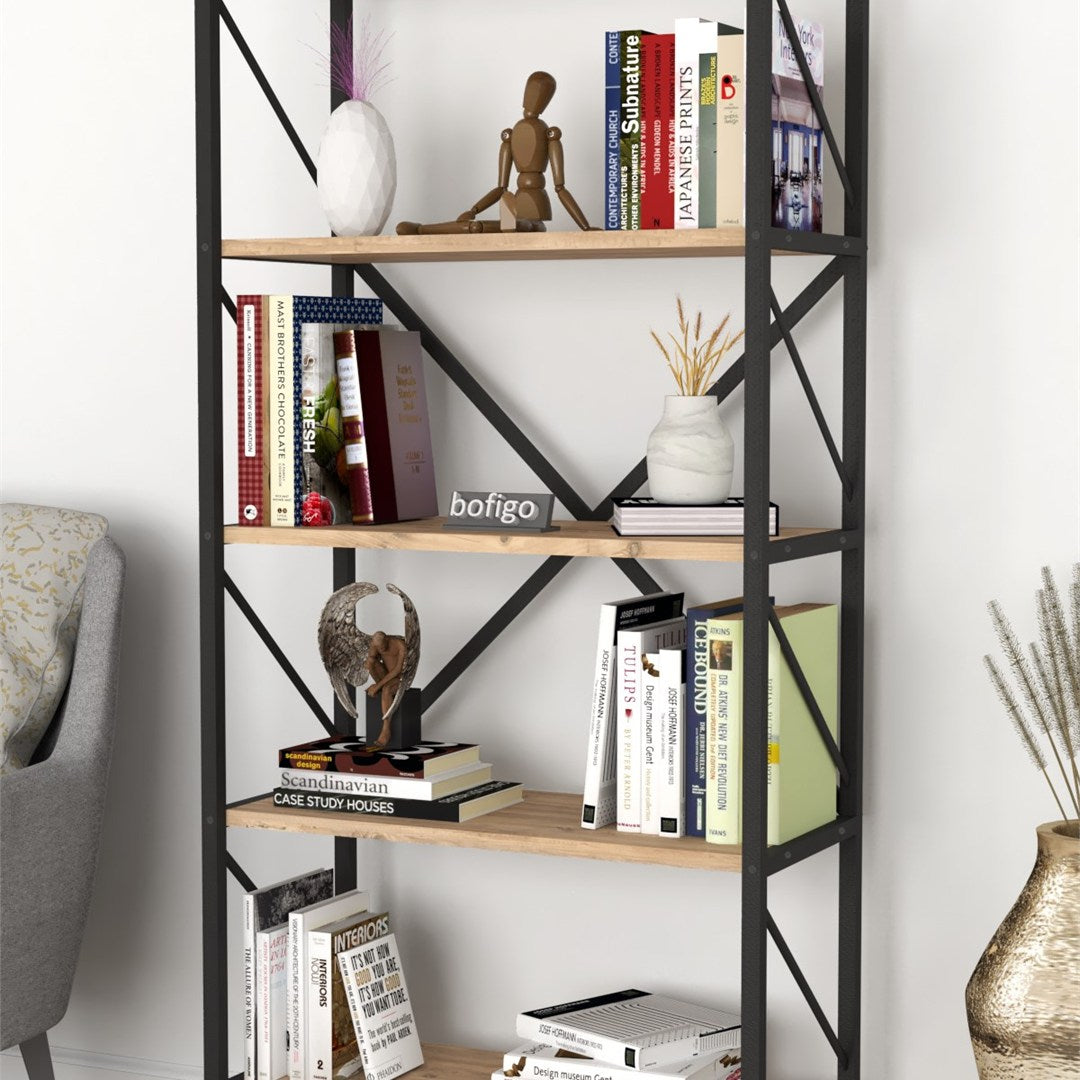 Biblioteca decorativa cu 5 rafturi, etajera metal si PAL, raft carti living sau birou 60 x 160 cm, cadru metalic stil industrial, polite PAL melaminat 18 mm clasa E1, montaj simplu, stil modern loft Pin natur - vedere principala