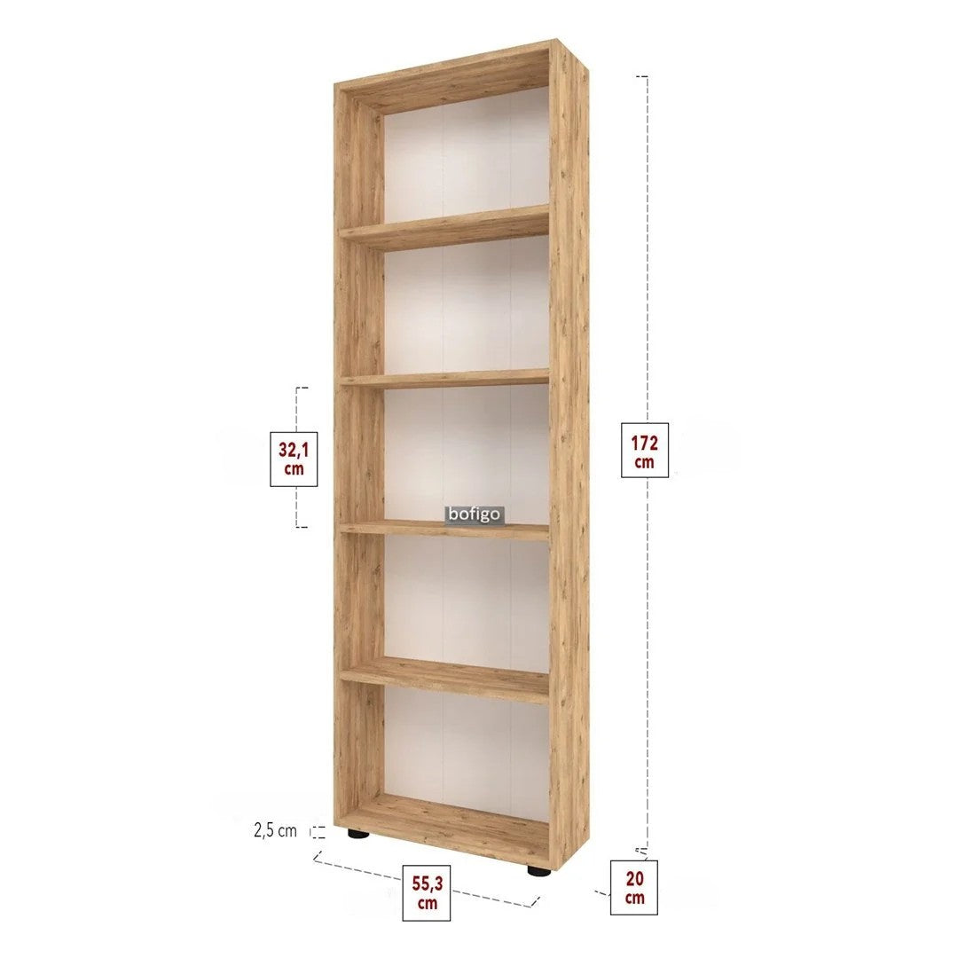 Biblioteca Decorativa cu 5 Rafturi, Design Inalt si Ingust, PAL E1, 55.3 x 20 x 172 cm