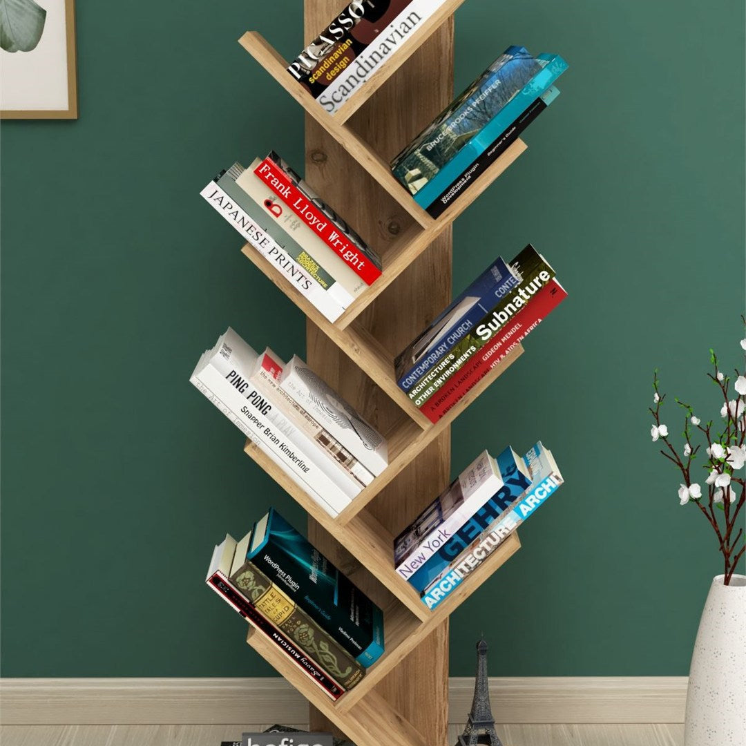 Biblioteca Copac cu rafturi decorative, etajera living 60 x 170 cm in forma de copac, cadru metalic negru + polite PAL melaminat 18 mm, element decorativ remarcabil pentru living sau birou, stil industrial modern Alb - detaliu 8
