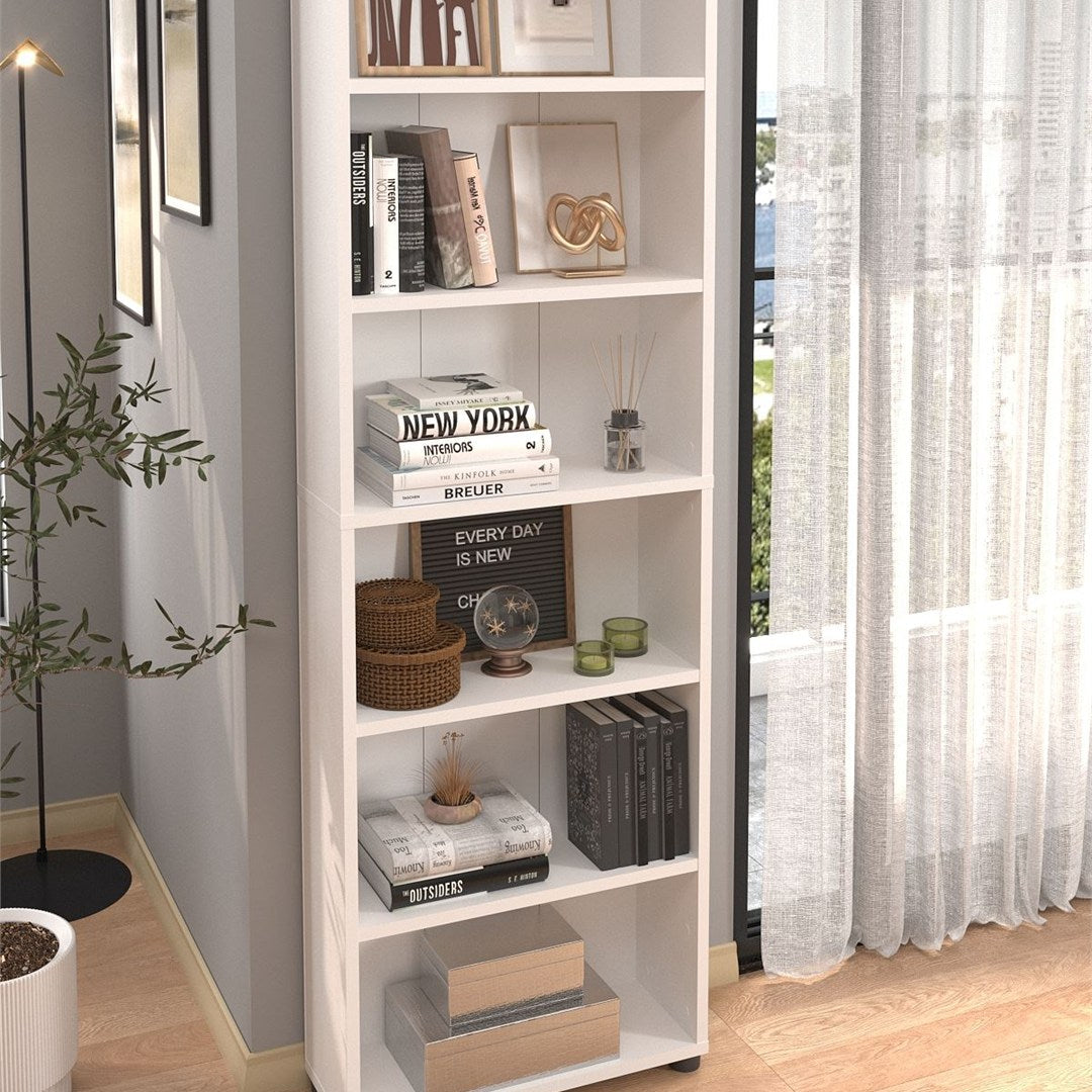 Biblioteca cu 6 rafturi din PAL, etajera carti 60 x 180 cm, PAL melaminat 18 mm clasa E1 cu margini ABS finisate, raft spatios pentru birou living sau dormitor, stil clasic modern scandinav Alb - detaliu 2