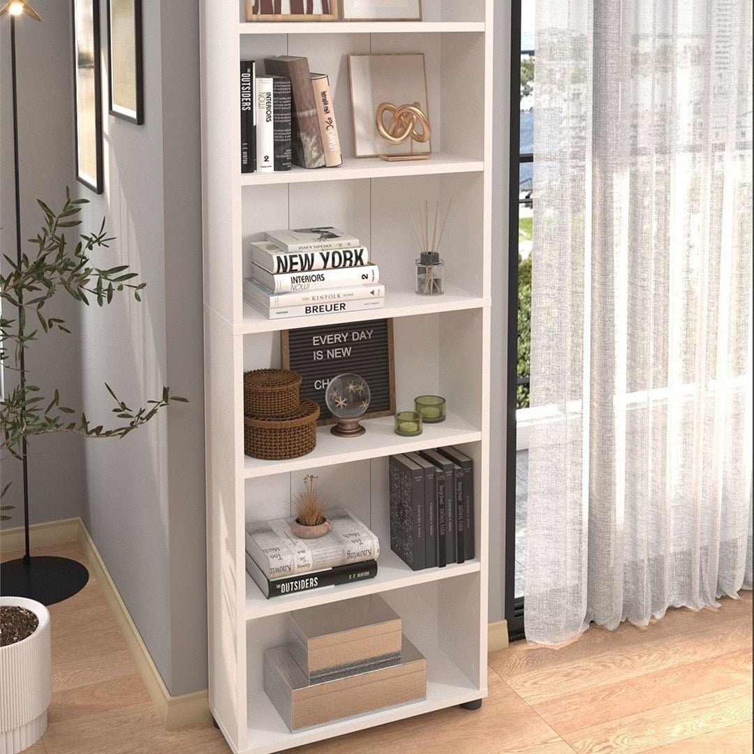 Biblioteca cu 6 rafturi din PAL, etajera carti 60 x 180 cm, PAL melaminat 18 mm clasa E1 cu margini ABS finisate, raft spatios pentru birou living sau dormitor, stil clasic modern scandinav Pin natur - detaliu 6