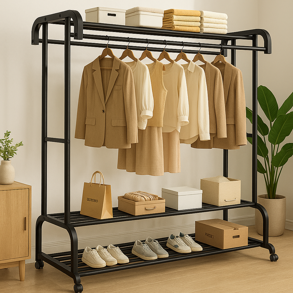 Suport dublu de umerase pentru haine, cu 2 suporti de pantofi, din metal, cu raft depozitare deasupra – 70KG greutate maxima, 150 x 110 x 50cm