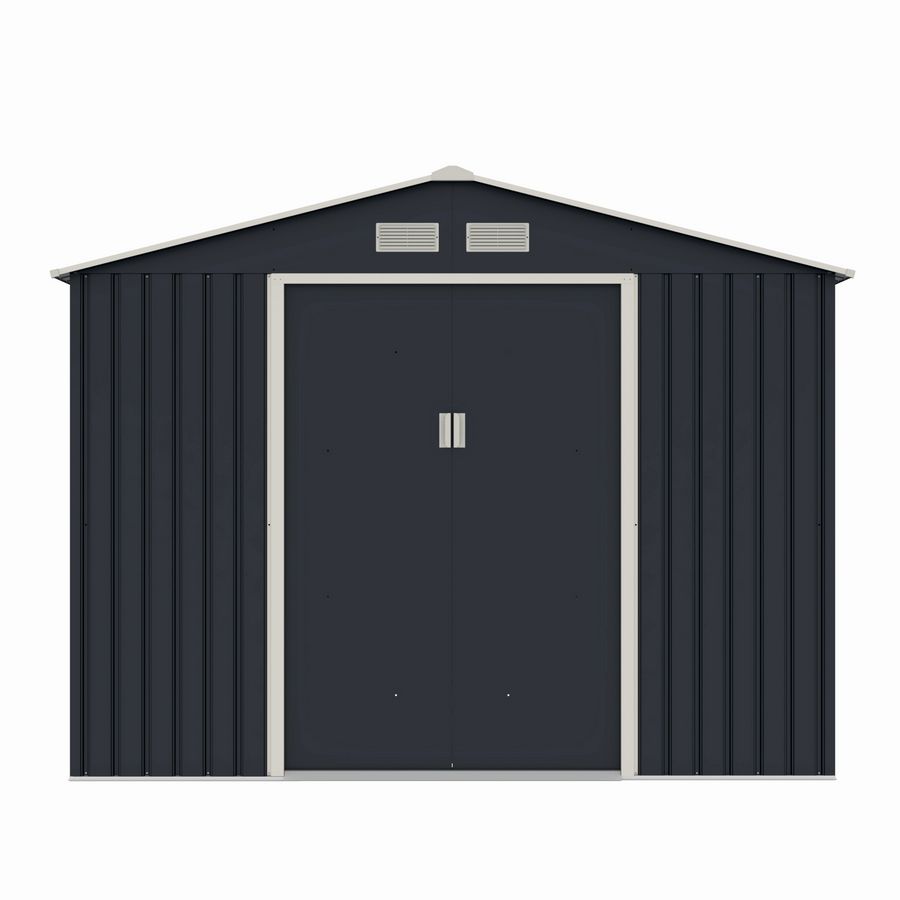 Casuta / magazie de gradina metalica MESTERINO Archer-Plus-E gri/bej 277x322x213 cm, usi culisante, baza metalica CADOU