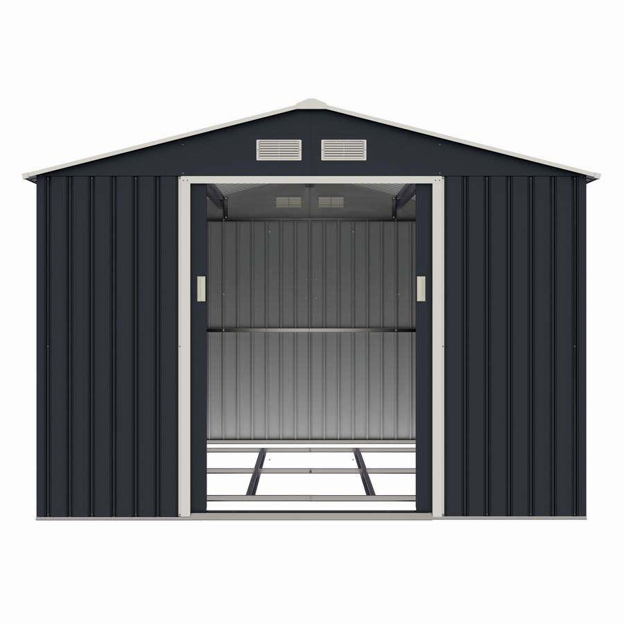 Casuta / magazie de gradina metalica MESTERINO Archer-Plus-E gri/bej 277x322x213 cm, usi culisante, baza metalica CADOU