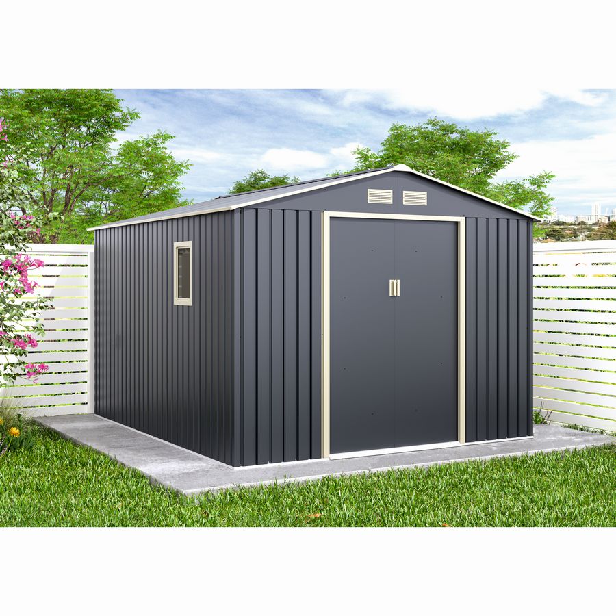 Casuta / magazie de gradina metalica MESTERINO Archer-Plus-E gri/bej 277x322x213 cm, usi culisante, baza metalica CADOU