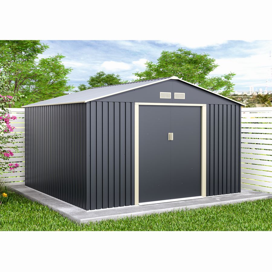 Casuta / magazie de gradina metalica MESTERINO S1001-G gri/bej 321x301x205 cm, usi culisante, baza metalica CADOU
