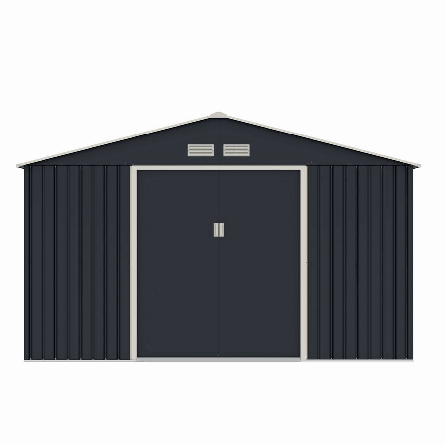 Casuta / magazie de gradina metalica MESTERINO Archer-D-2, gri/bej, 341x195x211 cm, cu usi culisante, baza metalica CADOU