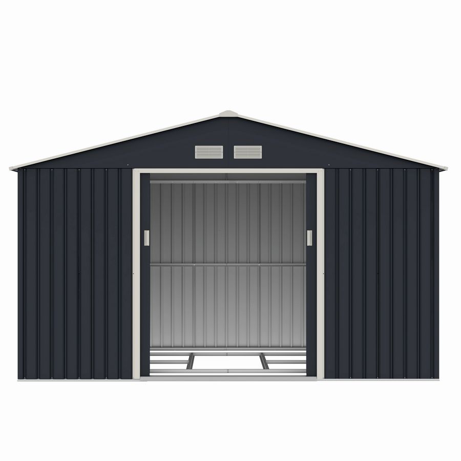 Casuta / magazie de gradina metalica MESTERINO Archer-D-2, gri/bej, 341x195x211 cm, cu usi culisante, baza metalica CADOU