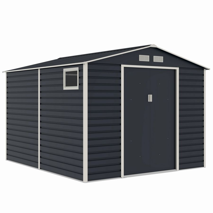 Casuta / magazie de gradina metalica MESTERINO Evan-Plus-E, gri/bej, 277x322x221 cm, cu usi culisante, baza metalica CADOU