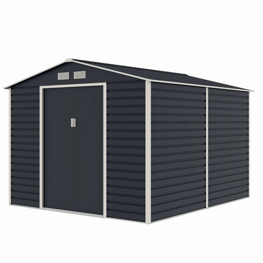 Casuta / magazie de gradina metalica MESTERINO Evan-Plus-E, gri/bej, 277x322x221 cm, cu usi culisante, baza metalica CADOU