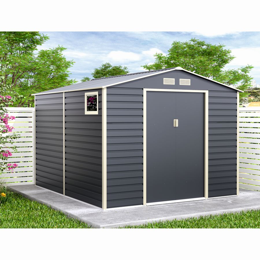 Casuta / magazie de gradina metalica MESTERINO Evan-Plus-E, gri/bej, 277x322x221 cm, cu usi culisante, baza metalica CADOU