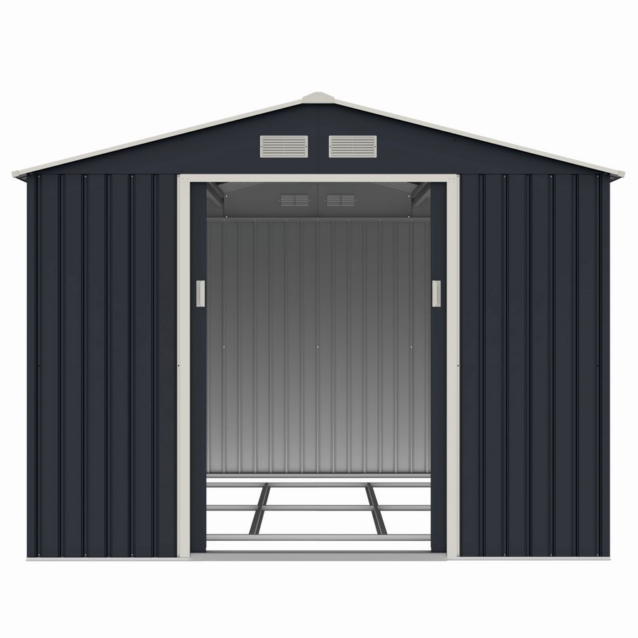 Casuta / magazie de gradina metalica MESTERINO Archer-E, gri/bej, 277x322x203 cm, cu usi culisante, baza metalica CADOU