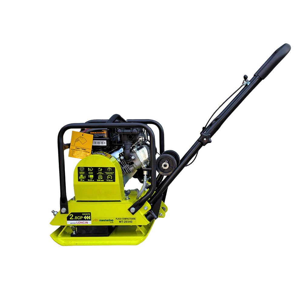 Placa compactoare cu kit roti MESTERINO TOOLS MT-29340, motor LONCIN 79 cc pe benzina, putere 2.8 CP, dimensiuni placa 400 x 320 mm, 5900 vpm, forta centrifuga 8200 N, greutate de operare 50 kg