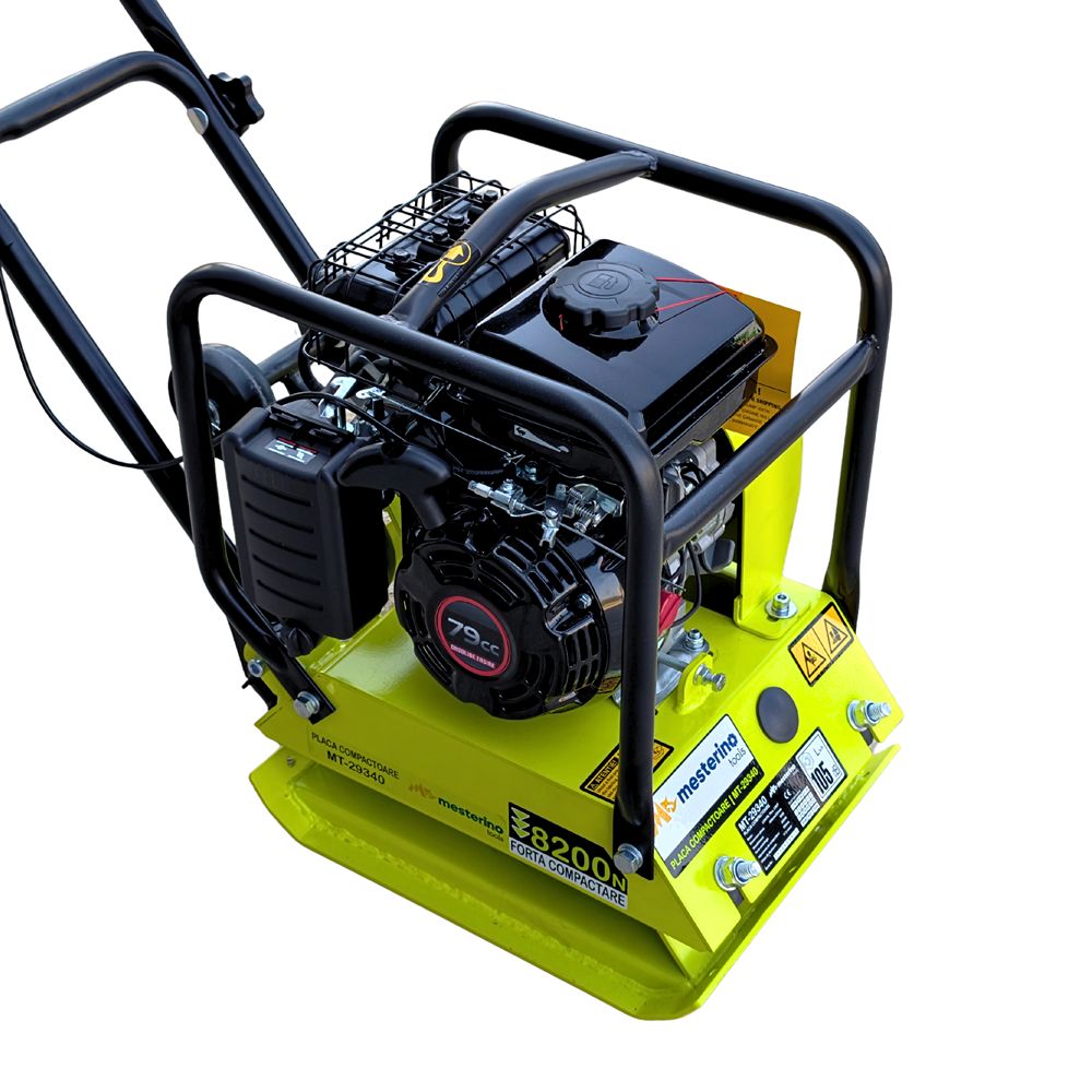 Placa compactoare cu kit roti MESTERINO TOOLS MT-29340, motor LONCIN 79 cc pe benzina, putere 2.8 CP, dimensiuni placa 400 x 320 mm, 5900 vpm, forta centrifuga 8200 N, greutate de operare 50 kg