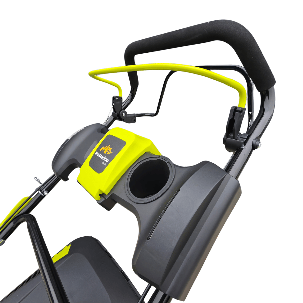 Masina autopropulsata pentru tuns gazonul Mesterino Tools MTBJXPM46N-169 cu motor QL170, 4CP, diametru taiere 457mm/18inch, 8 inaltimi de taiere, roti fata 8 inch, roti spate 11 inch, sac colector 60l colectare, evacuare lateral si mulcire