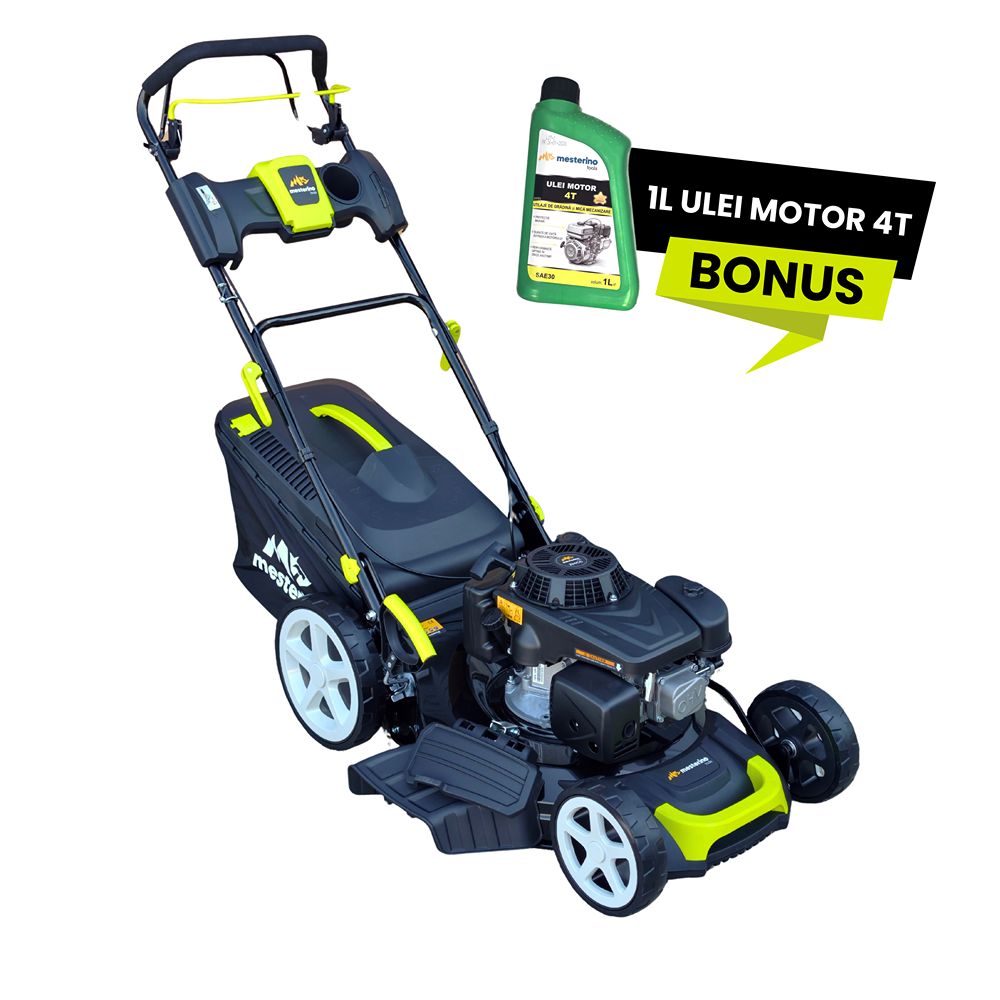 Masina autopropulsata pentru tuns iarba/gazon MESTERINO MTBJXPM51N-224, motor 4T LONCIN 224 cmc, 6.1 CP, latime taiere 51 cm, 8 nivele de taiere, sac colector 60 litri, evacuare laterala si mulcire