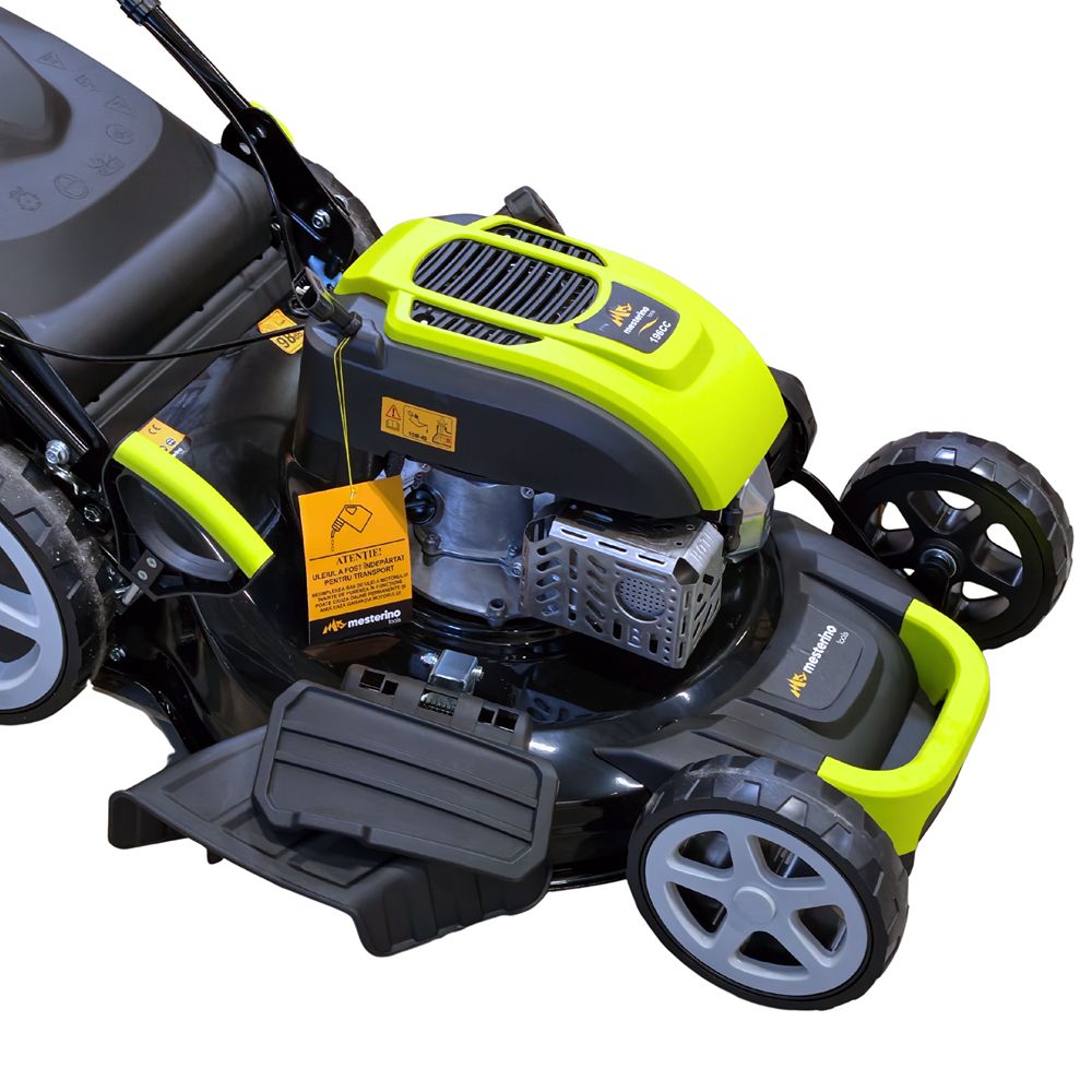 Masina autopropulsata pentru tuns iarba/gazon MESTERINO TOOLS MTBJXPM53N-196, sasiu metal, motor benzina, 196 cmc, 5 CP, latime taiere 53 cm, 8 nivele de taiere, sac colector 60 litri, evacuare laterala si mulcire