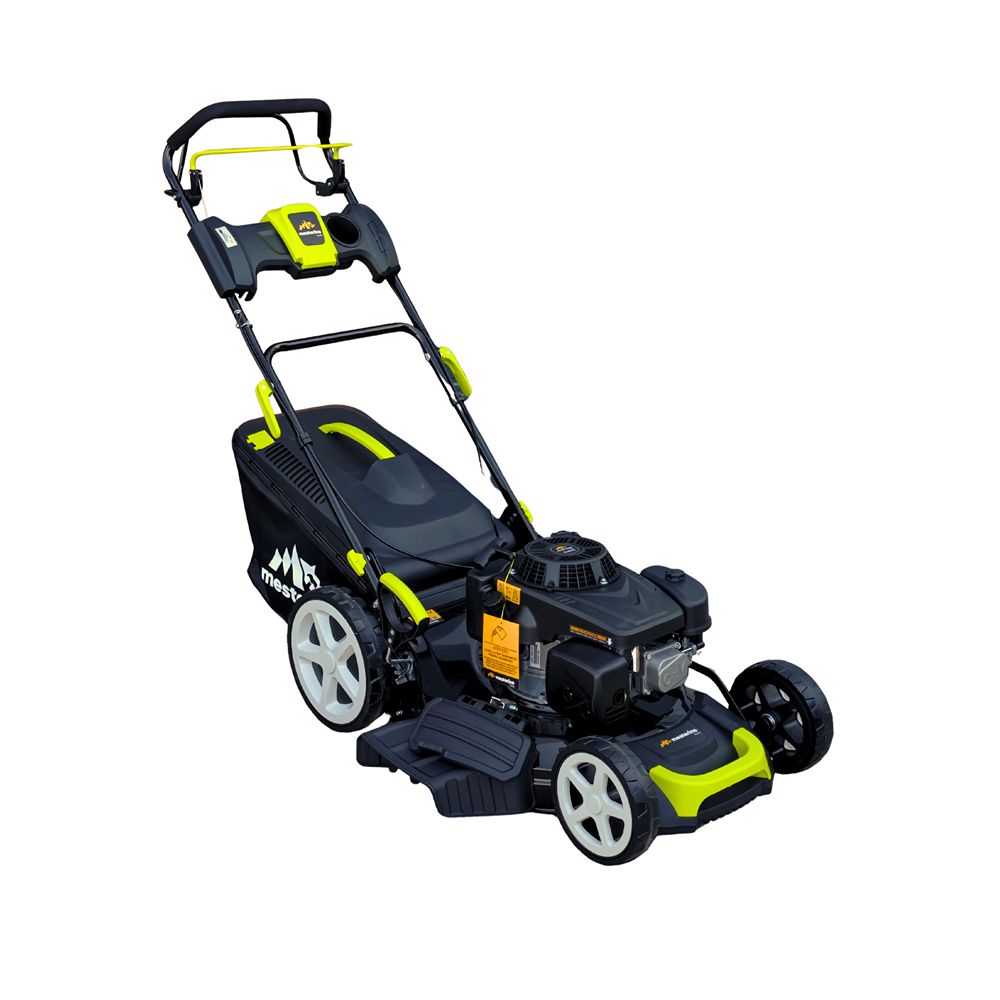 Masina autopropulsata pentru tuns gazonul Mesterino Tools MTBJXPM53N-224 cu motor LONCIN 224cc, 6.1CP, diametru taiere 533mm/21inch, 8 inaltimi de taiere, roti fata 8 inch, roti spate 11 inch, sac colector 60l colectare, evacuare lateral si mulcire