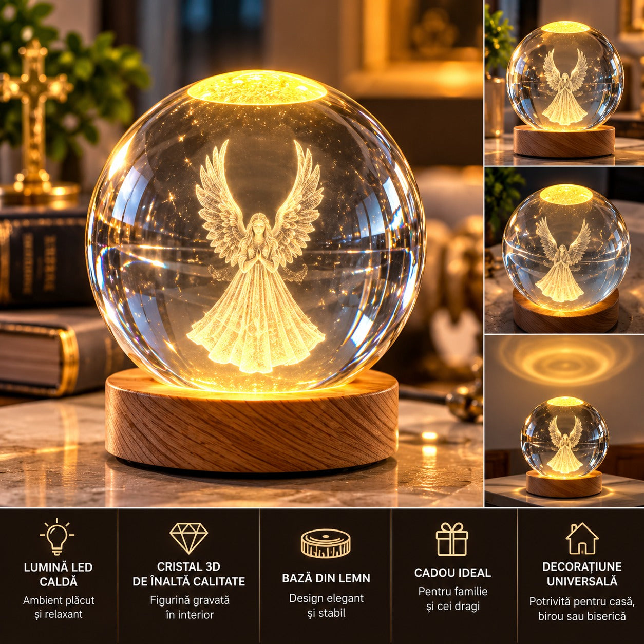 Glob Decorativ Transparent cu Inger Gravat si Suport Luminos Decoratiune Craciun Sticla - detaliu produs