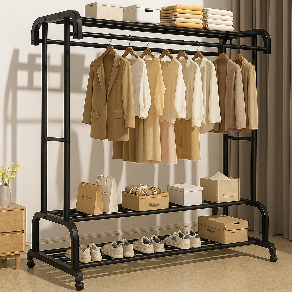 Suport dublu de umerase pentru haine, cu 2 suporti de pantofi, din metal, cu raft depozitare deasupra – 70KG greutate maxima, 150 x 110 x 50cm