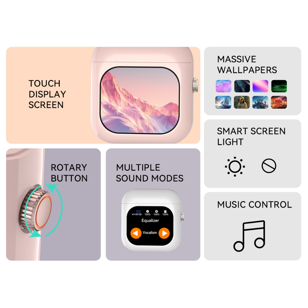 Casti Wireless Bluetooth cu Control Touch si Ecran LCD 2.01 inch, ANC, 512MB Stocare