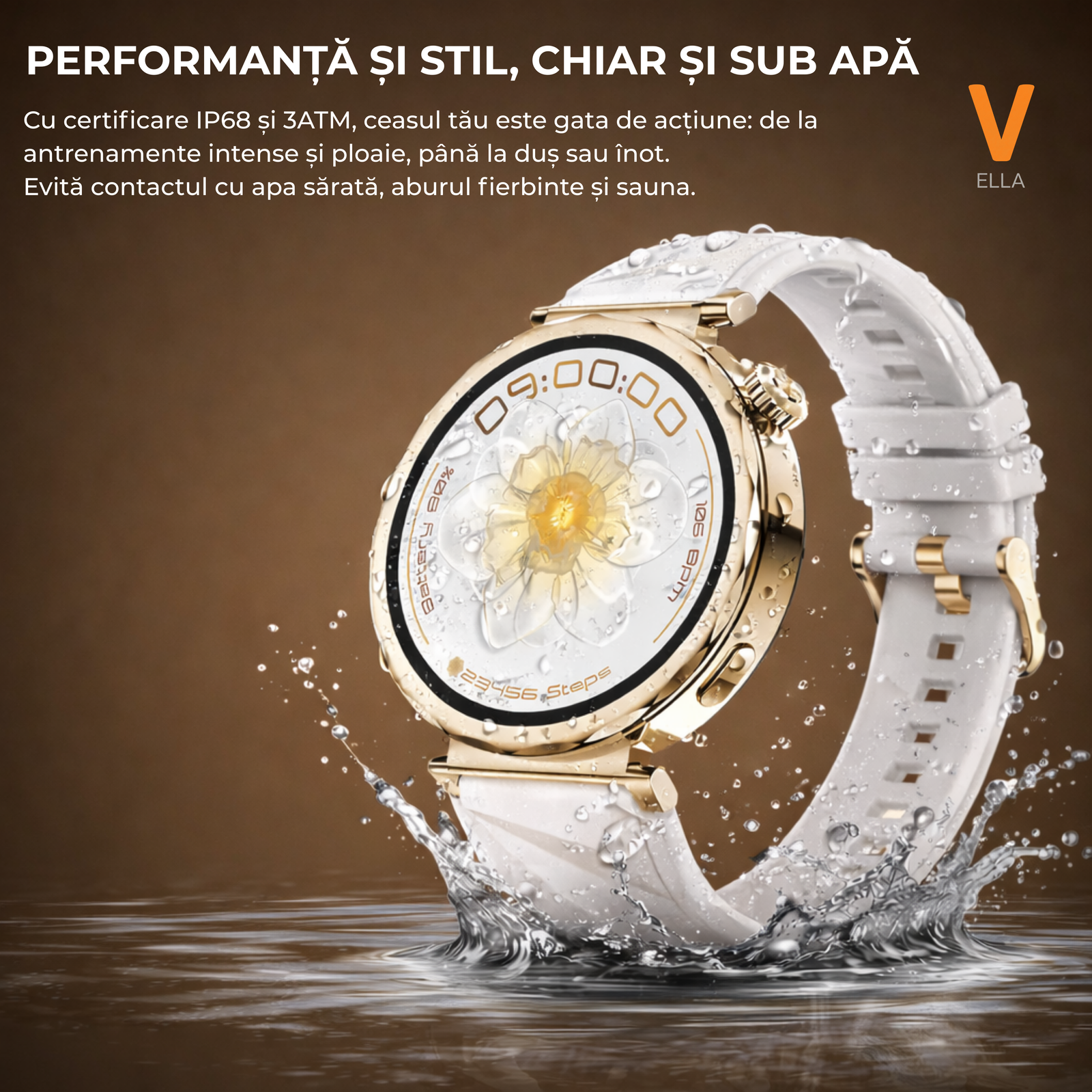Ceas Smartwatch Dama ELLA Vivendo®, Ecran AMOLED 1.32", Fitness, Apel Bluetooth, Notificari Limba Romana, Asistent Vocal & ChatGPT AI, Incarcare Wireless, Rezistent Apa IP68, 2 Curele Incluse