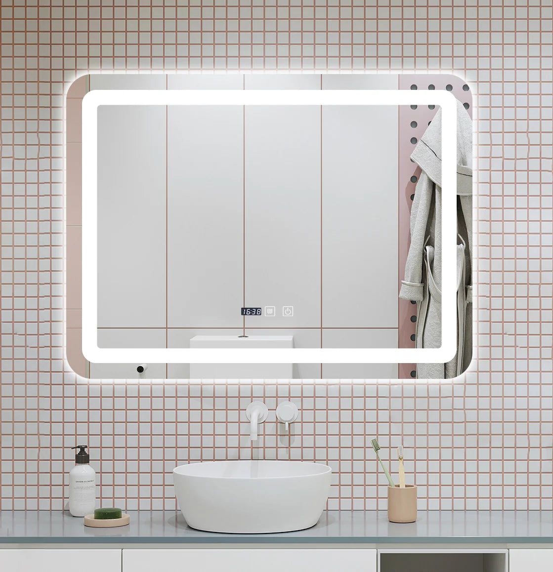 Oglinda LED pentru baie 60x80 cm, sistem Dezaburire, Senzor Touch, Ceas, Trei Tipuri de Lumina