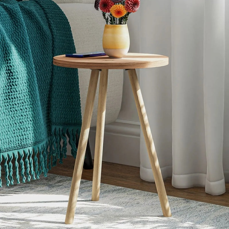 Masuta decorativa rotunda cu picioare din lemn, stil scandinav, 34x34x45 cm