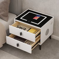 Noptiera Smart Multifunctionala, iluminare LED tactil cu 3 culori, incarcare wireless si USB, difuzor Bluetooth, 2 sertare